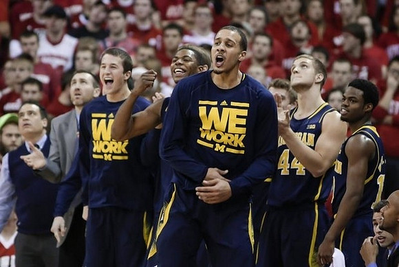 Andrew Dakich (5), Glenn Robinson III (1), Jordan Morgan (52), Max Bielfeldt (44), and Derrick Walton Jr. (10)