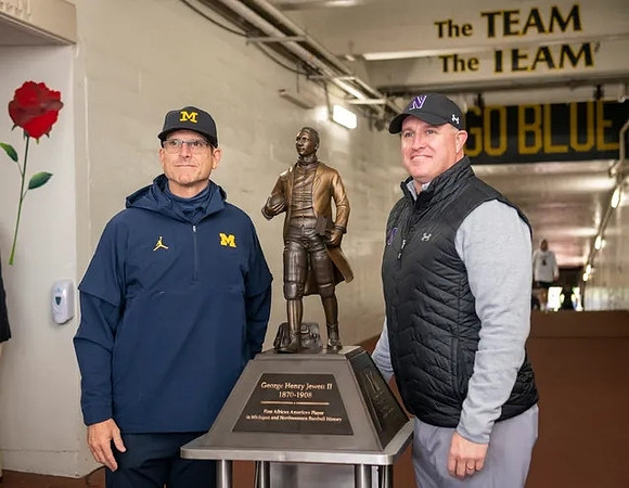 Jim Harbaugh, George Jewett Trophy, and Northwestern Head Coach Pat Fitzgerald