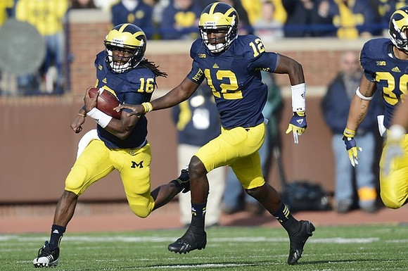 Denard Robinson (16), Devin Gardner (12), and Thomas Rawls (38)