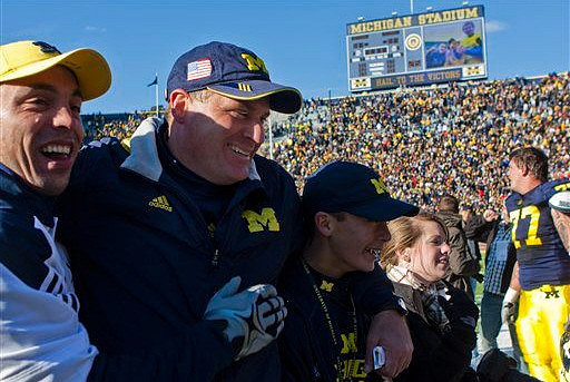 Rich Rodriguez and Taylor Lewan (77)
