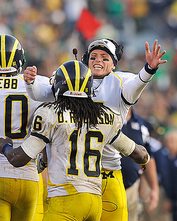 Martell Webb (80), Tate Forcier (5), and Denard Robinson (16)