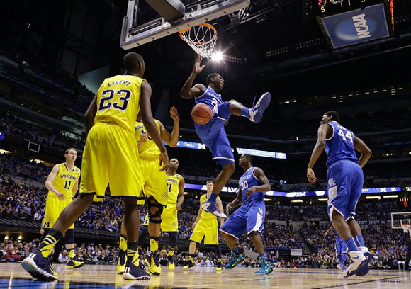 Nik Stauskas (11), Caris LeVert (23), Derrick Walton Jr. (10), Zak Irvin (21), and Max Bielfeldt (44)