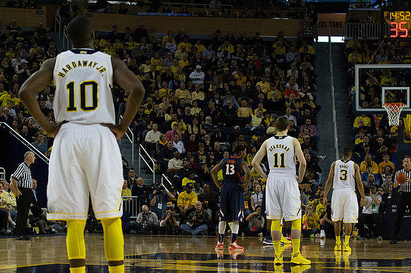 Tim Hardaway Jr. (10), Nik Stauskas (11), and Trey Burke (3)