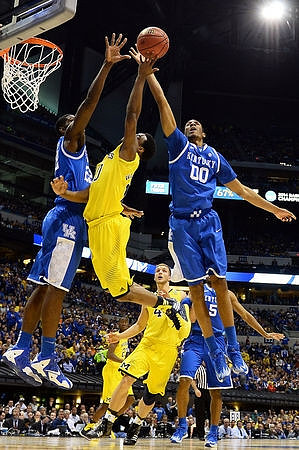Derrick Walton Jr. (10), Max Bielfeldt (44), and Caris LeVert (23)