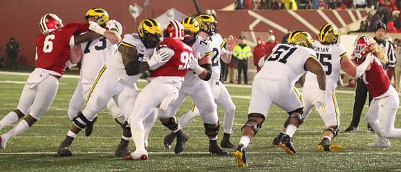 Jalen Mayfield (73), Michael Onwenu (50), Ben Bredeson (74), Shea Patterson (2), Cesar Ruiz (51), and Jon Runyan Jr. (75)
