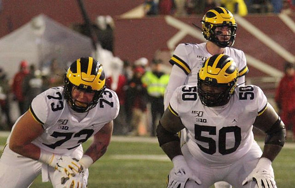 Jalen Mayfield (73), Michael Onwenu (50), and Shea Patterson (2)
