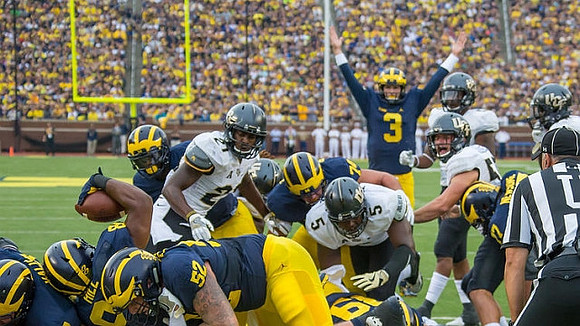 Kyle Kalis (67), Khalid Hill (80), Mason Cole (52), Ben Bredeson (74), Grant Newsome (77), and Wilton Speight (3)