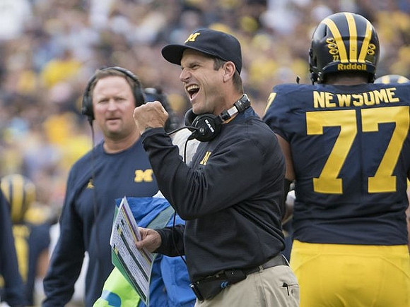 Tim Drevno, Jim Harbaugh, and Grant Newsome (77)