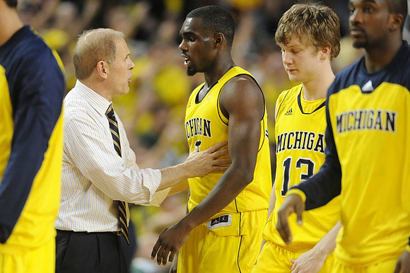 John Beilein, Tim Hardaway Jr. (10), Matt Vogrich (13), and Corey Person (32)