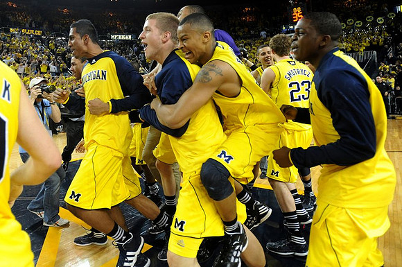 Sai Tummala (24), Max Bielfeldt (44), Trey Burke (3), Jordan Morgan (52), Evan Smotrycz (23), and Carlton Brundidge (2)