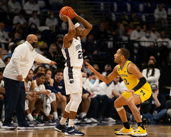 Penn State Head Coach Micah Shrewsberry and DeVante' Jones (12)