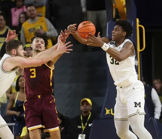 Hunter Dickinson (1) and Tarris Reed Jr. (32)