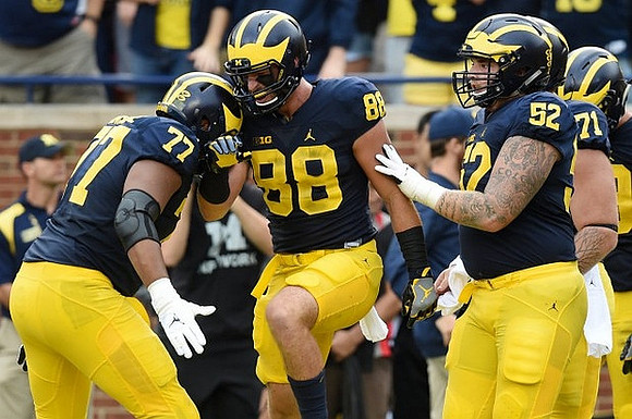 Grant Newsome (77), Jake Butt (88), Mason Cole (52), and Ben Braden (71)