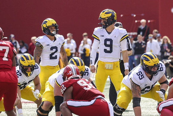 Max Bredeson (82), Blake Corum (2), J.J. McCarthy (9), Karsen Barnhart (52), and Zak Zinter (65)