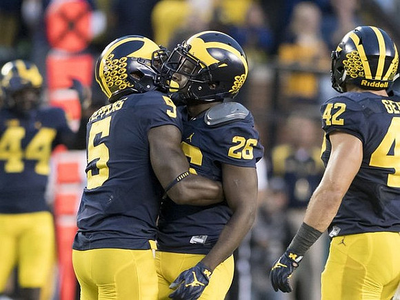 Delano Hill (44), Jabrill Peppers (5), Jourdan Lewis (26), and Ben Gedeon (42)