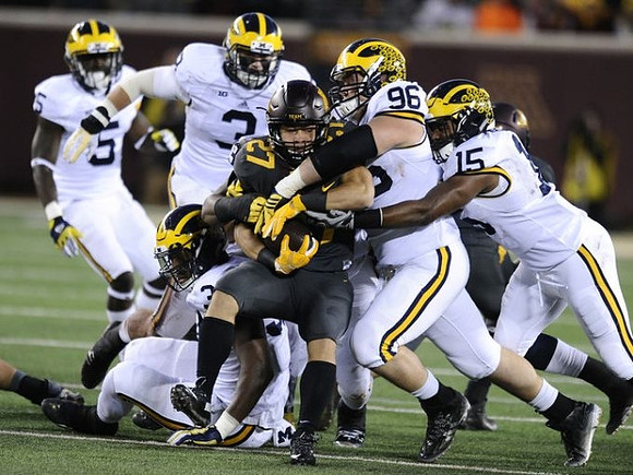 Jabrill Peppers (5), Desmond Morgan (3), Ryan Glasgow (96), Taco Charlton (33), and James Ross (15)