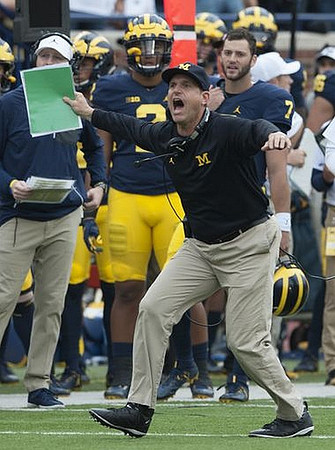 Jim Harbaugh, Devin Asiasi (2), and Shane Morris (7)