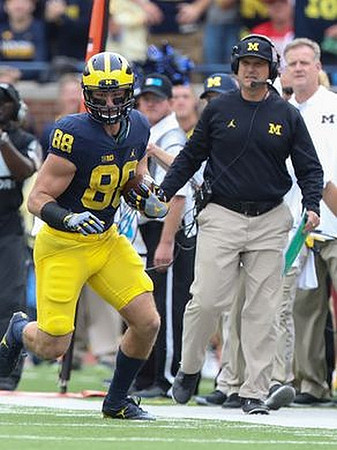 Jake Butt (88) and Jim Harbaugh