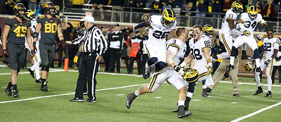 Desmond Morgan (3), Jourdan Lewis (26), Jake Butt (88), Taco Charlton (33), Jeremy Clark (34), and Jarrod Wilson (22)
