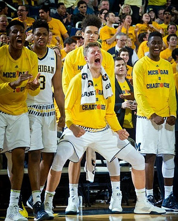 Aubrey Dawkins (24), Kameron Chatman (3), D.J. Wilson (5), Moritz Wagner (13), and Caris LeVert (23)