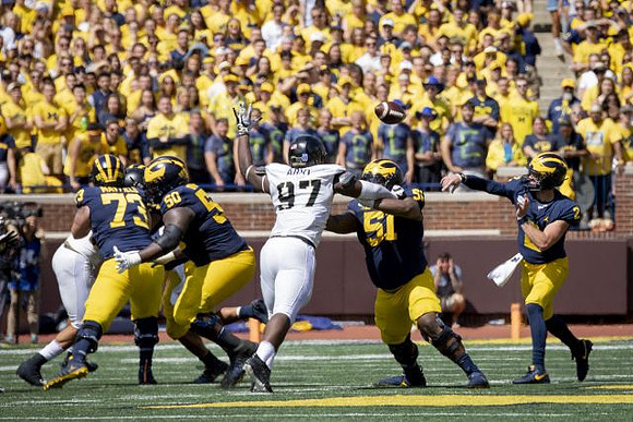 Jalen Mayfield (73), Michael Onwenu (50), Cesar Ruiz (51), and Shea Patterson (2)