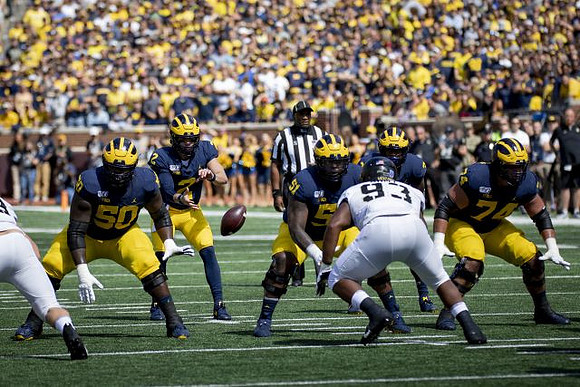 Michael Onwenu (50), Shea Patterson (2), Cesar Ruiz (51), Christian Turner (3), and Ben Bredeson (74)
