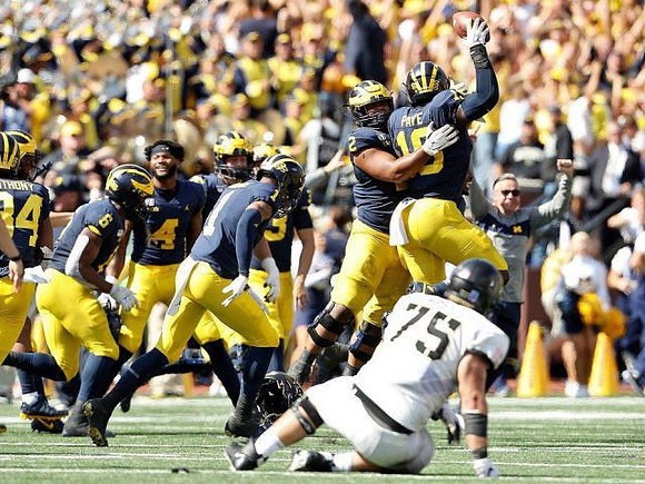 Jordan Anthony (34), Josh Uche (6), Michael Danna (4), Ambry Thomas (1), Carlo Kemp (2), and Kwity Paye (19)