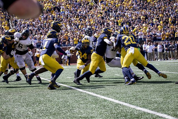 Ambry Thomas (1), Jordan Anthony (34), Josh Uche (6), and Brad Hawkins (20)