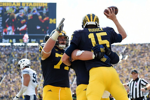 Ben Braden (71) and Jake Rudock (15)