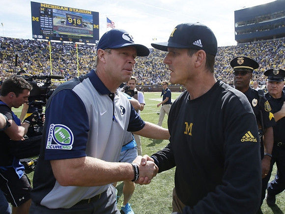Brigham Young Head Coach Bronco Mendenhall and Jim Harbaugh