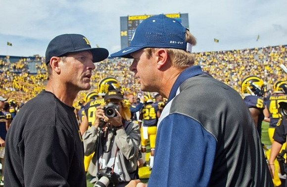 Jim Harbaugh and Brigham Young Head Coach Bronco Mendenhall