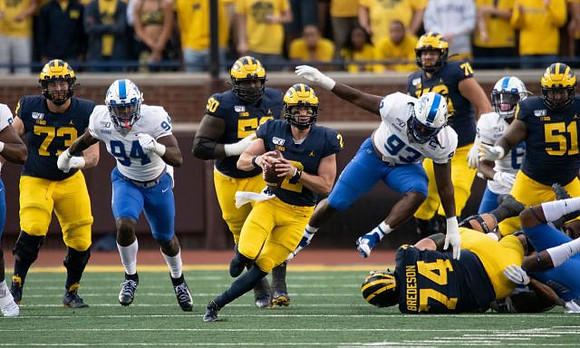 Jalen Mayfield (73), Michael Onwenu (50), Shea Patterson (2), Ben Bredeson (74), Ryan Hayes (76), and Cesar Ruiz (51)