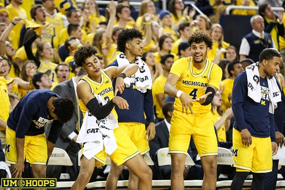 Eli Brooks (55), Jordan Poole (2), Ibi Watson (23), Isaiah Livers (4), and Jaaron Simmons (5)