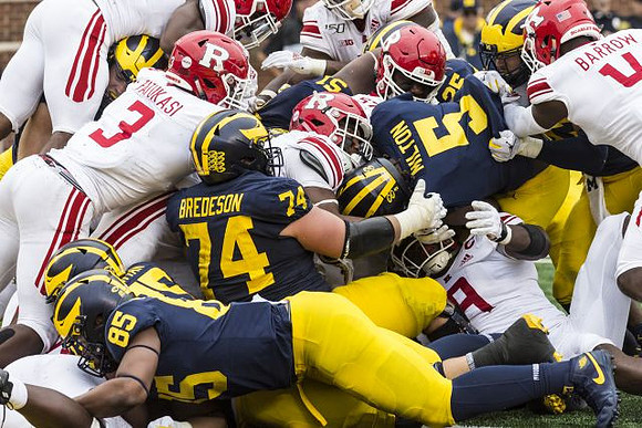 Mustapha Muhammad (85), Jon Runyan Jr. (75), Ben Bredeson (74), Joe Milton (5), Cesar Ruiz (51), and Hassan Haskins (25)