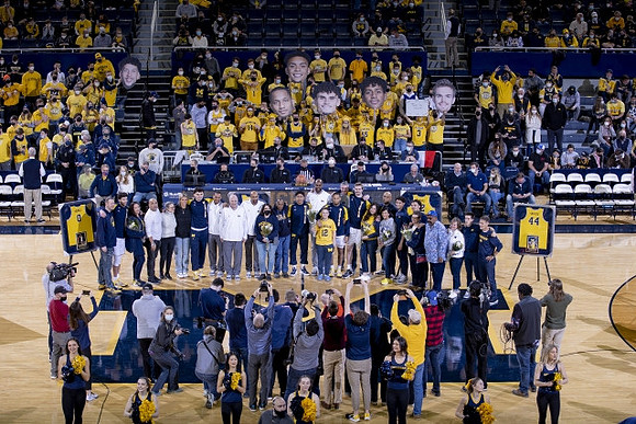 Brandon Johns Jr. (23), Adrien Nunez (0), Eli Brooks (55), DeVante' Jones (12), Jaron Faulds (44), Brandon Wade (4), and Senior Night