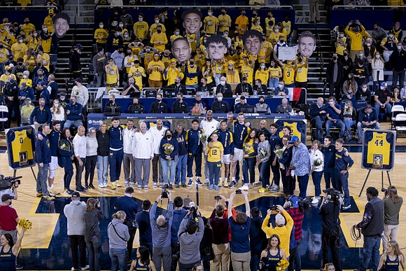Brandon Johns Jr. (23), Adrien Nunez (0), Eli Brooks (55), DeVante' Jones (12), Jaron Faulds (44), Brandon Wade (4), and Senior Night