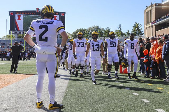Shea Patterson (2), Jalen Mayfield (73), Tru Wilson (13), Cesar Ruiz (51), and Josh Uche (6)
