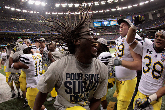 Jeremy Gallon (10), Denard Robinson (16), Erik Gunderson (69), and Thomas Rawls (38)