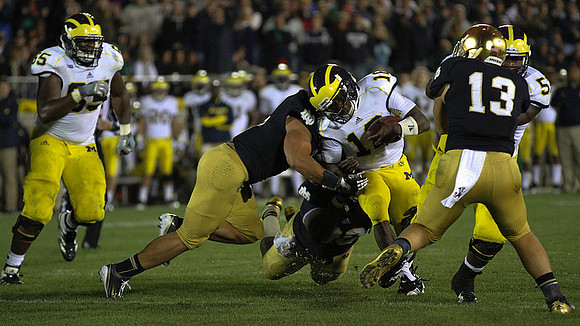 Patrick Omameh (65), Denard Robinson (16), and Frank Clark (57)
