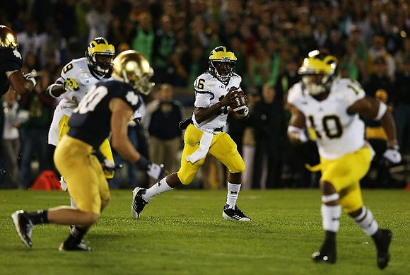 Devin Funchess (19), Denard Robinson (16), and Jeremy Gallon (10)
