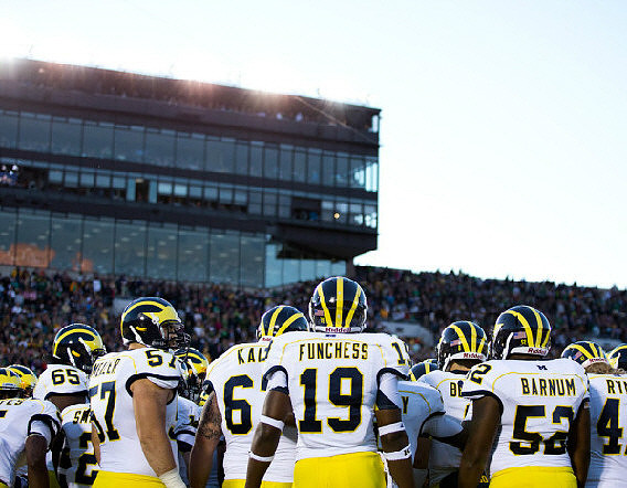 Patrick Omameh (65), Elliott Mealer (57), Kyle Kalis (67), Devin Funchess (19), and Ricky Barnum (52)