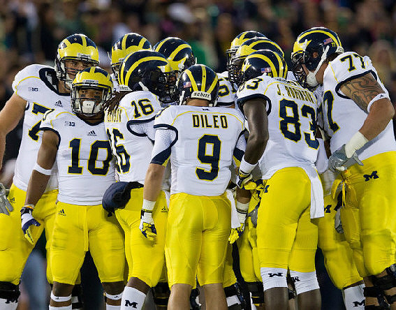 Michael Schofield (75), Jeremy Gallon (10), Denard Robinson (16), Drew Dileo (9), Elliott Mealer (57), Jerald Robinson (83), and Taylor Lewan (77)