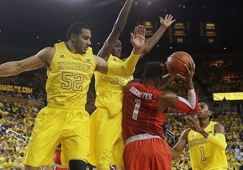 Jordan Morgan (52), Caris LeVert (23), and Glenn Robinson III (1)