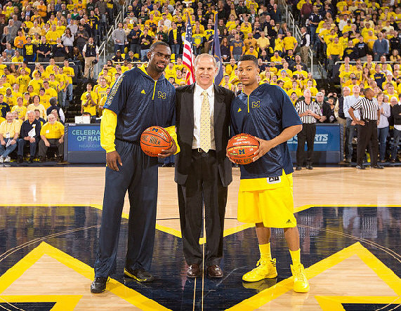 Tim Hardaway Jr. (10), John Beilein, and Trey Burke (3)
