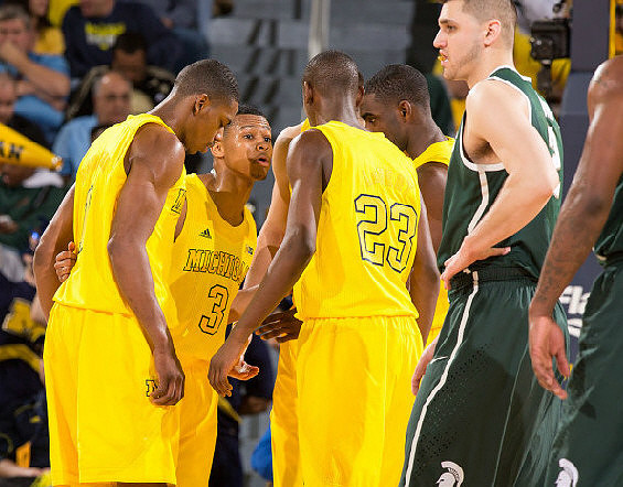 Glenn Robinson III (1), Trey Burke (3), Caris LeVert (23), Mitch McGary (4), and Tim Hardaway Jr. (10)