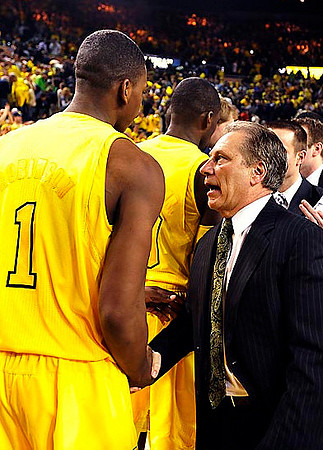 Glenn Robinson III (1), Michigan State Head Coach Tom Izzo, and Tim Hardaway Jr. (10)