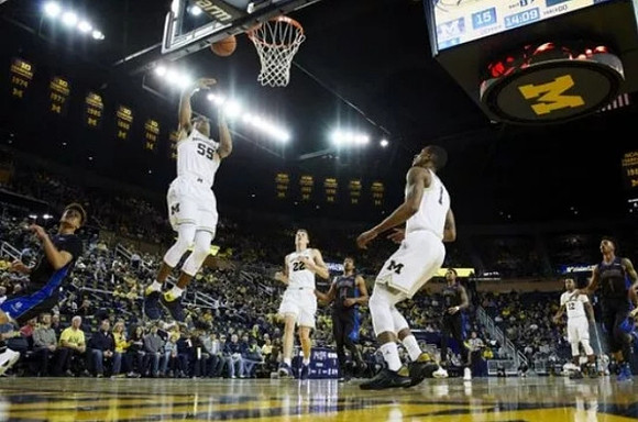 Eli Brooks (55), Duncan Robinson (22), Charles Matthews (1), and Muhammad-Ali Abdur-Rahkman (12)
