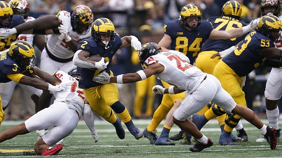A.J. Henning (3), Blake Corum (2), Joel Honigford (84), Ryan Hayes (76), and Trente Jones (53)