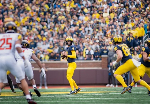 J.J. McCarthy (9) and Luke Schoonmaker (86)