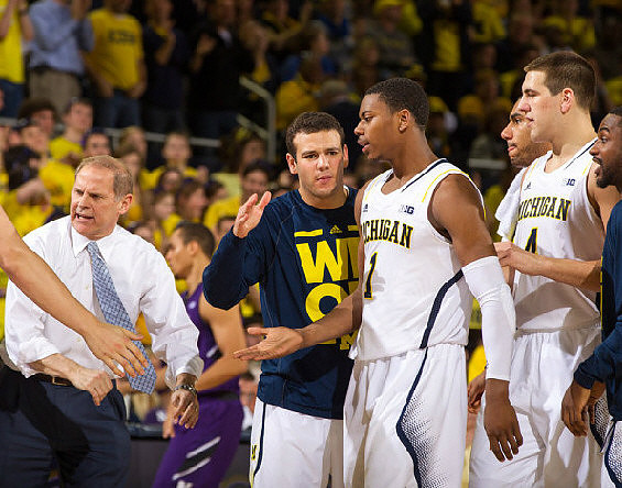 John Beilein, Josh Bartelstein (20), Glenn Robinson III (1), Jon Horford (15), Mitch McGary (4), and Corey Person (32)